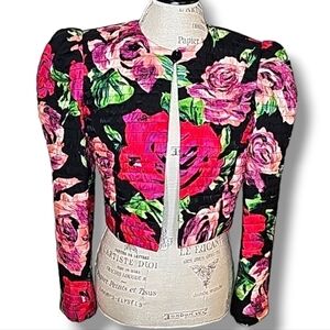 NUIT Black & Red Rose Printed Silk Quilted  Cropped Jacket - Size 12